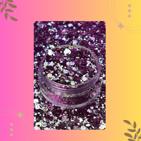 Clear container filled with purple glitter on a colorful gradient background