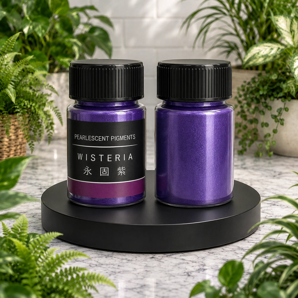 Two purple containers with black lids on a black stand, surrounded by green plants.
