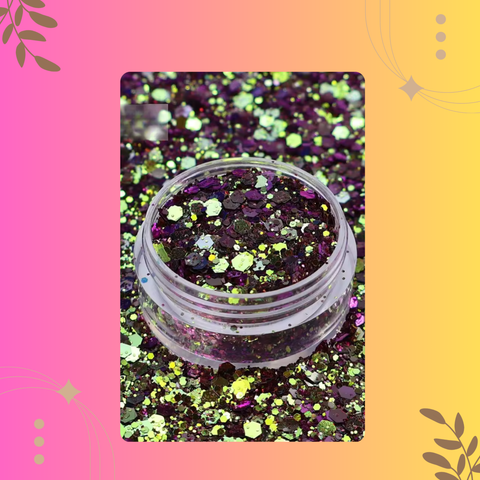 Jar of multicolored glitter on a colorful background