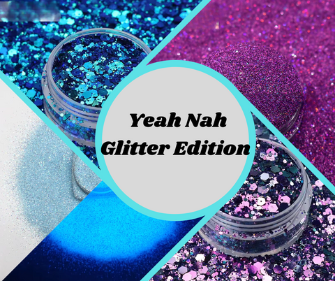 Glitter jars with blue, purple, and pink glitter on a colorful background with 'Yeah Nah Glitter Edition' text.