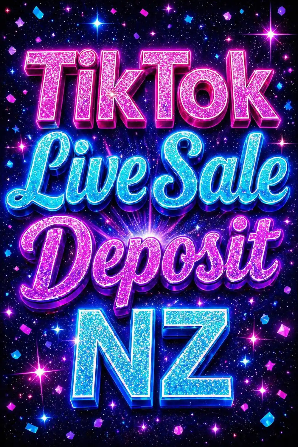 Promotional text for TikTok Live Sale Deposit NZ with glittery text and star effects on a dark background.