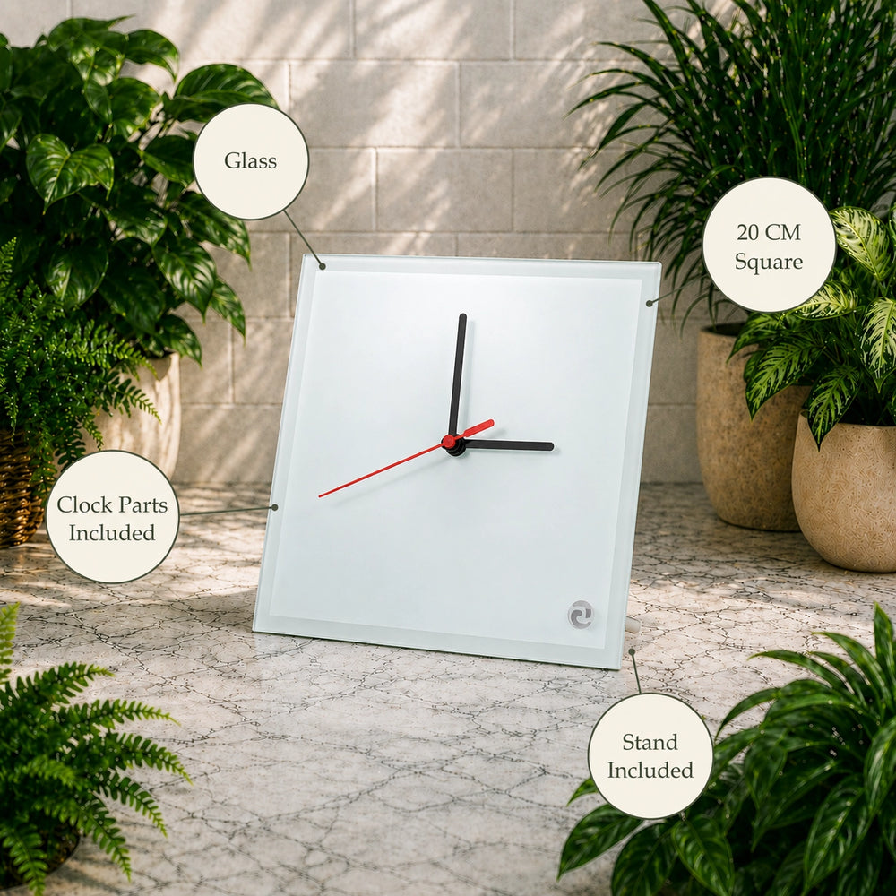 Square table clock with stand and glass cover on a marble surface with plants around