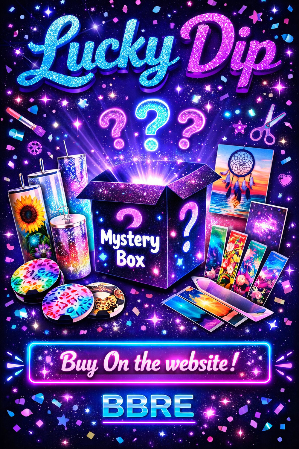 Promotional graphic for a 'Lucky Dip' mystery box with colorful items and neon text, featuring the brand 'BBRE'.