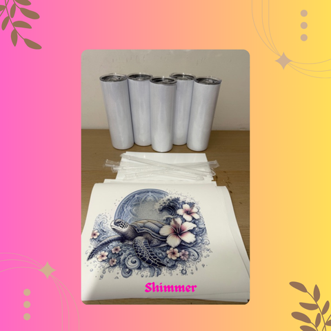 Sheet with a design of a turtle and flowers labeled 'Shimmer' on a pink and yellow gradient background.